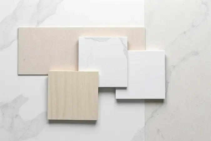 Arranjo conceitual de diferentes tipos de porcelanato com acabamentos fosco, acetinado e polido em tons neutros.