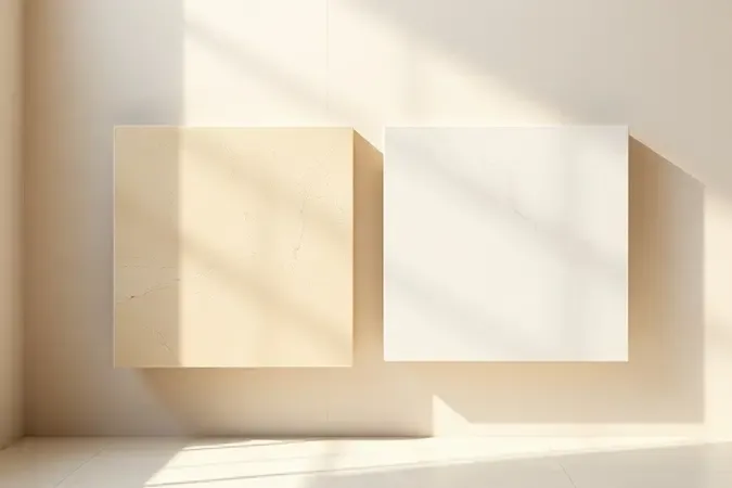 Comparação conceitual 3D entre porcelanato polido e acetinado para sala, com acabamentos realistas em tons neutros