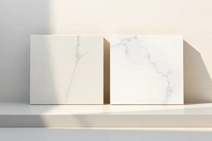 Comparação conceitual 3D entre porcelanato técnico e porcelanato esmaltado lado a lado.