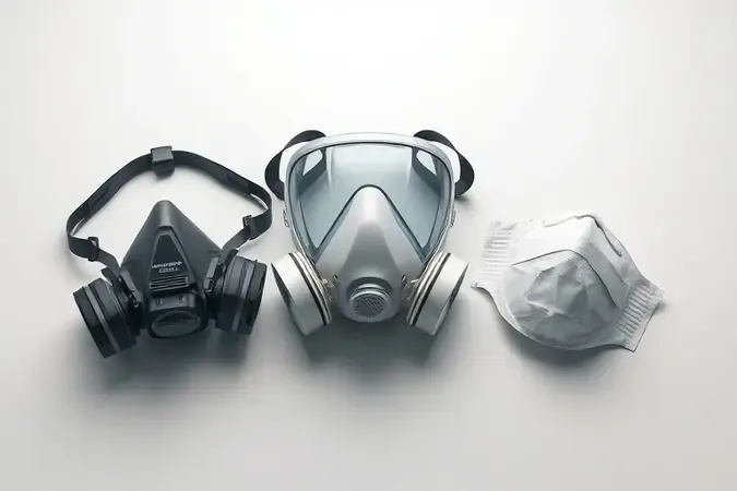 Diferentes tipos de respiradores e máscaras de proteção respiratória em composição 3D minimalista