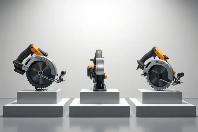 Render 3D conceitual com três tipos diferentes de serras circulares sem marca em composição limpa com iluminação de estúdio.