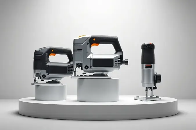 Três tipos diferentes de serras tico-tico modernas lado a lado em renderização 3D conceitual.