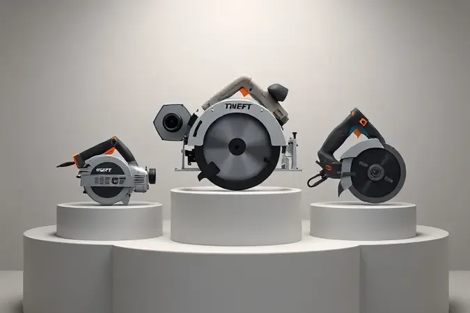 Renderização 3D conceitual de três tipos de serras circulares lado a lado em composição limpa e moderna.