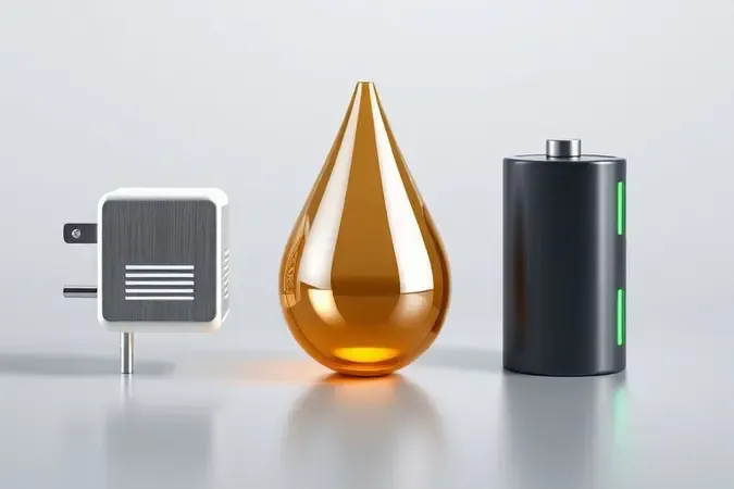 Renderização 3D de três conceitos abstratos de fontes de energia para sopradores: elétrica, gasolina e bateria.