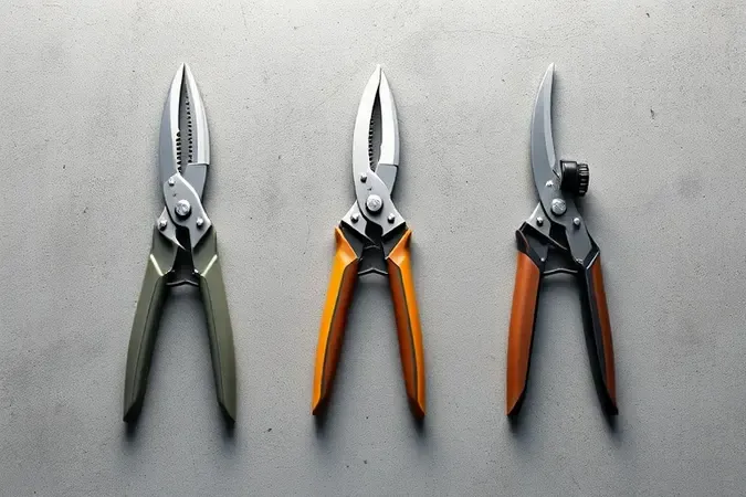 Três tipos diferentes de tesoura de poda lado a lado em render 3D conceitual.
