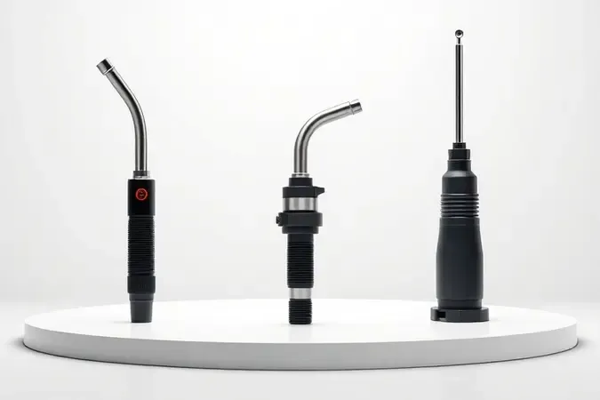 Renderização 3D de tochas de solda MIG MAG TIG e porta eletrodo sobre plataforma branca conceitual