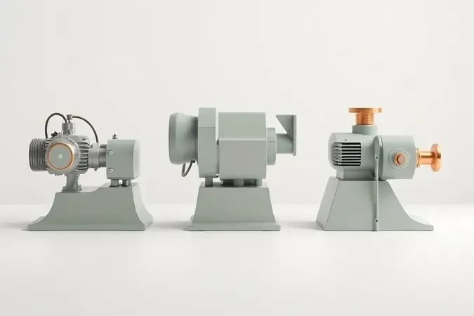Renderização 3D comparando três tipos conceituais de trituradores orgânicos lado a lado em composição minimalista