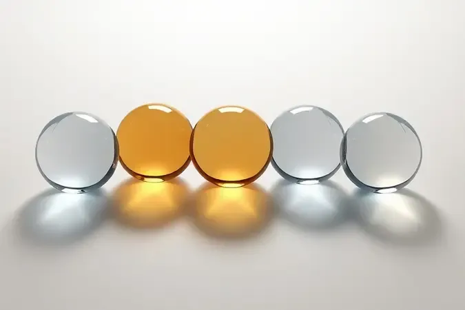 Composição 3D conceitual representando diferentes tipos de verniz para madeira com esferas de vidro translúcidas coloridas.