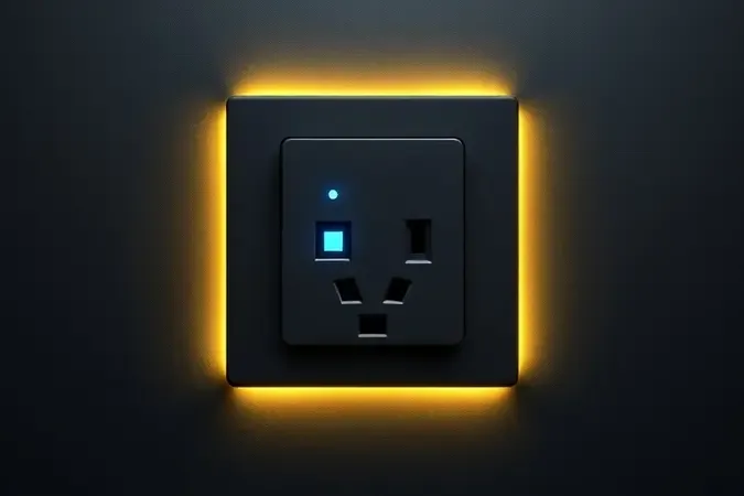 Conceito 3D de tomada elétrica de 20 amperes com elementos abstratos de energia e design industrial sofisticado.