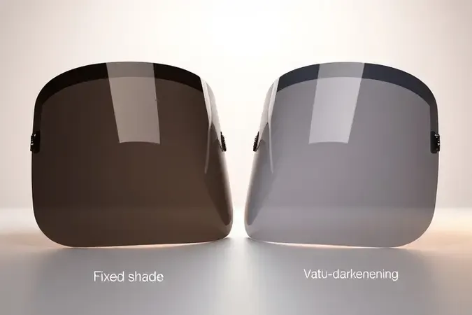 Comparação conceitual 3D entre viseira de tonalidade fixa e viseira de tonalidade variável para máscaras de solda