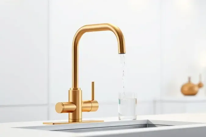 Renderização 3D de torneira gourmet com sistema de filtragem de água integrado e bica dupla elegante