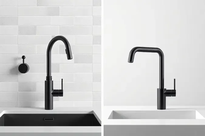 Comparação conceitual entre torneira de parede e torneira de bancada para cozinha em render 3D.