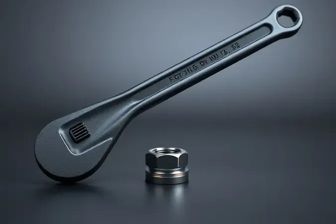 Render 3D conceitual ilustrando o princípio de torque e alavanca com chave de roda telescópica alongada em composição diagonal