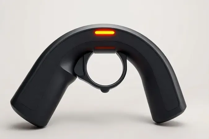 Conceito 3D de mecanismo de trava automática com empunhadura ergonômica emborrachada para cortes seguros.
