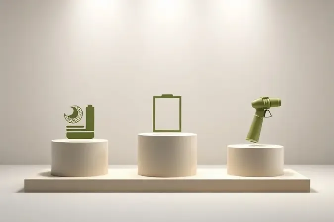 Três elementos conceituais representando critérios para escolher soprador de folhas em composição 3D limpa.