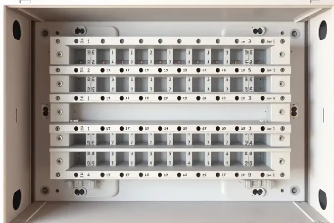 Render 3D em close de trilho DIN vazio em quadro de distribuição mostrando espaçamento modular para disjuntores