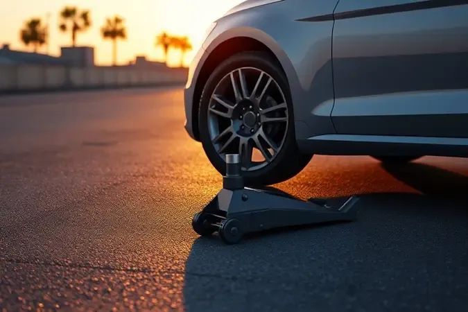 Render 3D conceitual de macaco jacaré posicionado ao lado de carro para demonstração de troca de pneu