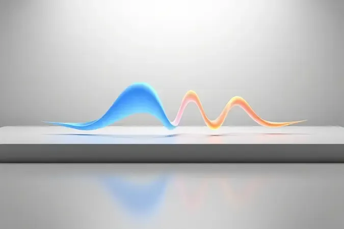 Comparação conceitual 3D entre forma de onda senoidal suave em azul e onda distorcida irregular em âmbar, ilustrando a diferença entre True RMS e medição padrão.