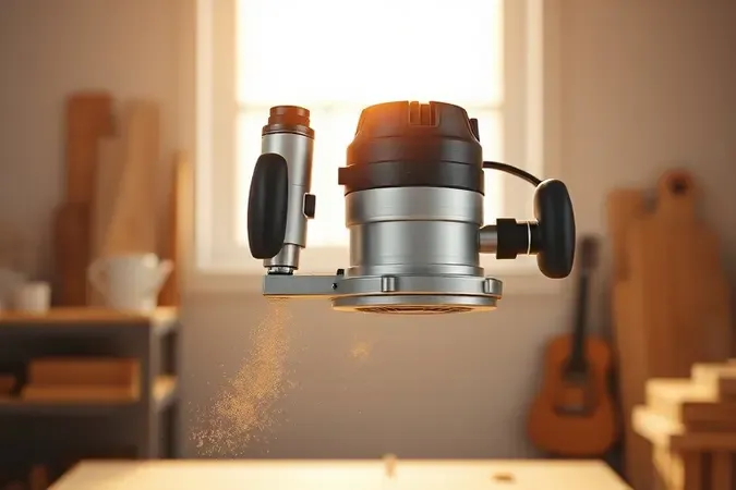 Renderização 3D de uma tupia laminadora moderna em ambiente de marcenaria limpo e minimalista com iluminação natural