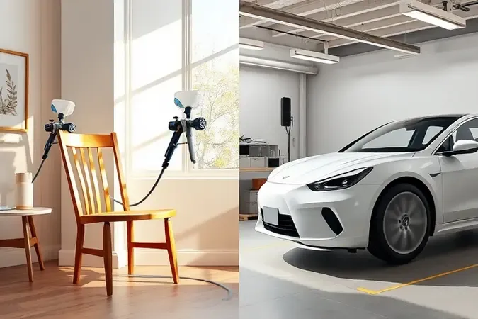 Render 3D comparando uso doméstico e profissional da pistola de pintura elétrica em ambientes conceituais.