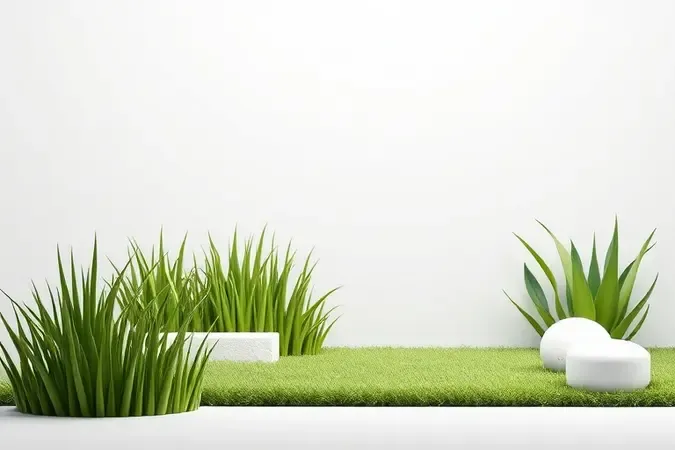 Render 3D conceitual ilustrando o uso de roçadeira a bateria para manutenção de jardins.