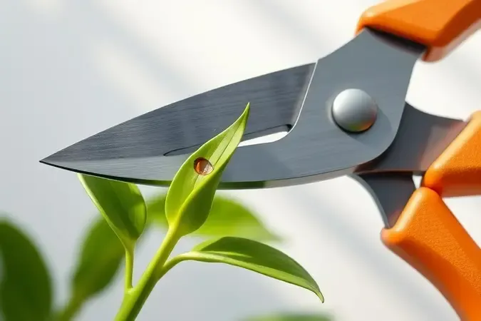 Tesoura de poda posicionada próxima a caule de planta saudável em render 3D conceitual.
