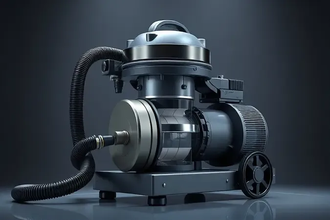 Renderização 3D conceitual destacando as vantagens e durabilidade de um aspirador de pó profissional industrial sem marca.