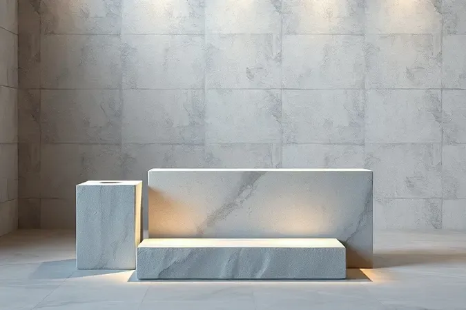 Bloco de cimento de alta qualidade representando resistência e durabilidade em composição 3D minimalista com iluminação profissional.