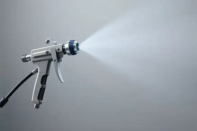 Render 3D conceitual mostrando pintura uniforme com pistola acionada por compressor de ar e acabamento profissional.