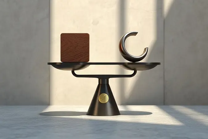 Balança conceitual em 3D representando vantagens e desvantagens da serra sabre com composição elegante.