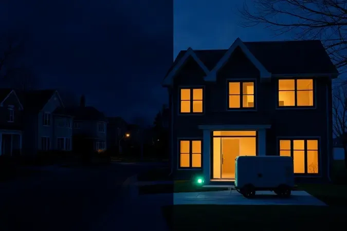 Contraste 3D entre apagão em bairro escuro e casa iluminada com gerador de energia, destacando vantagens e segurança.