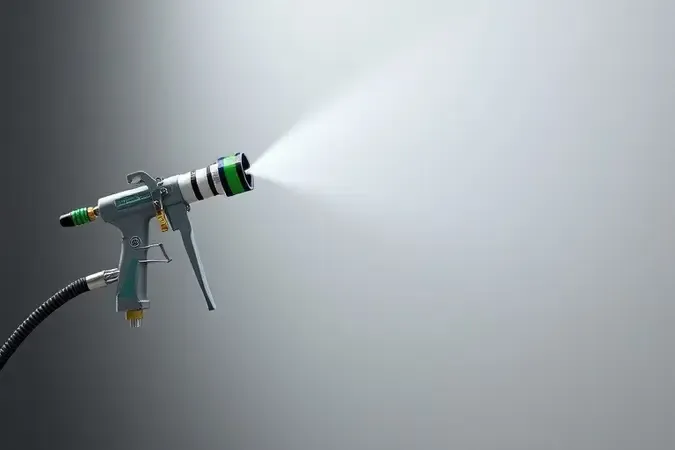 Render 3D destacando vantagens da pintura airless com pulverizador aplicando névoa uniforme de tinta sobre superfície lisa em estúdio.