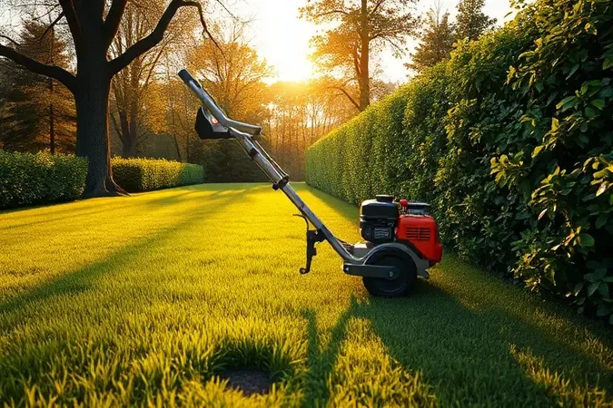 Render 3D de roçadeira a gasolina genérica em paisagem contrastando vegetação aparada e não aparada sob luz dourada.