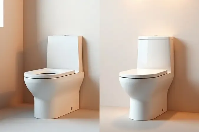Comparação conceitual 3D entre vaso sanitário monobloco e modelo com caixa acoplada em fundo neutro