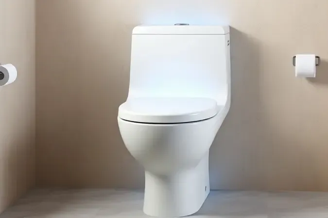 Renderização 3D de vaso sanitário com caixa acoplada de design integrado e minimalista em porcelana branca fosca.