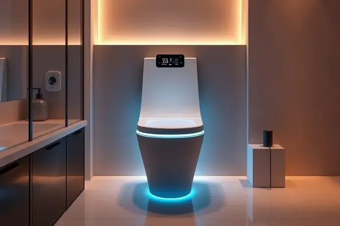 Renderização 3D de vaso sanitário inteligente futurista com iluminação LED azul em banheiro elegante e minimalista.