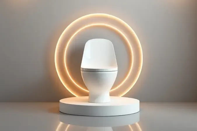 Conceito 3D de vaso sanitário moderno sobre pedestal com anéis abstratos flutuantes simbolizando excelência e qualidade premium.