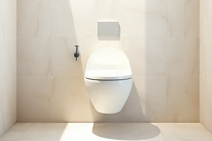 Renderização 3D de vaso sanitário suspenso flutuante em banheiro contemporâneo com parede de travertino claro e design minimalista.