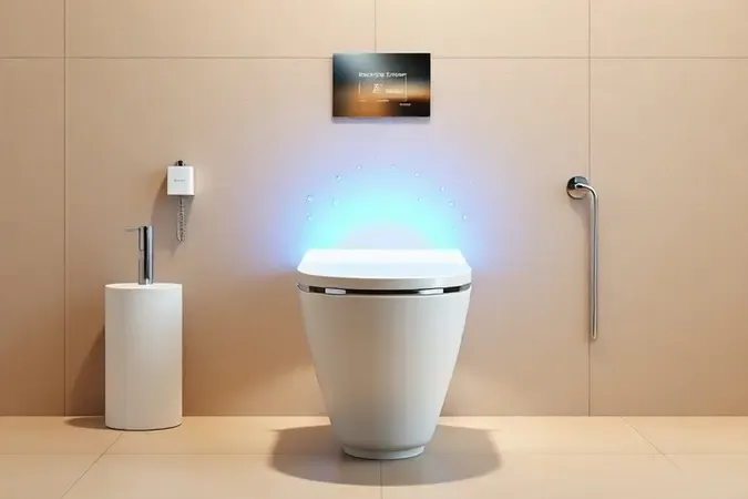 Renderização conceitual de vaso sanitário moderno com destaque para tecnologia de economia de água e design versátil em banheiro.