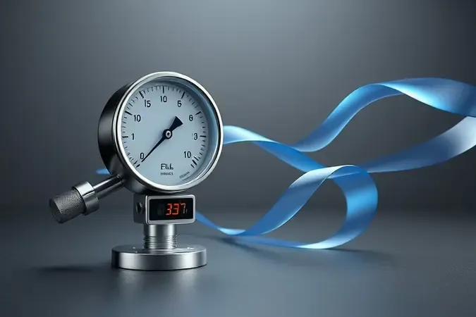 Render 3D conceitual de medidores de vazão PCM e pressão para compressor de ar ilustrando fluxo para pintura.
