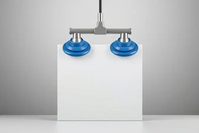 Renderização 3D conceitual mostrando ventosa de sucção dupla levantando uma peça de porcelanato em ambiente de estúdio.
