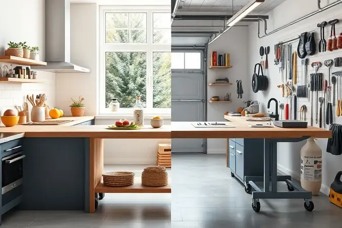 Bancada multifuncional versátil em transição entre ambiente de cozinha doméstica e oficina em render 3D conceitual com iluminação dividida