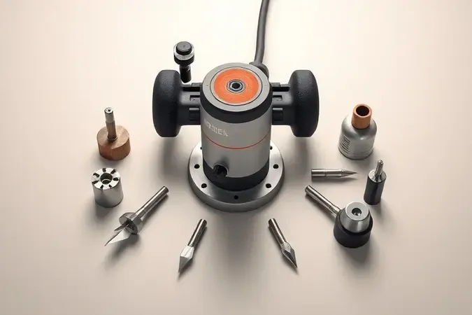 Renderização 3D conceitual exibindo tupia com diversas fresas e acessórios organizados esteticamente sobre superfície neutra.