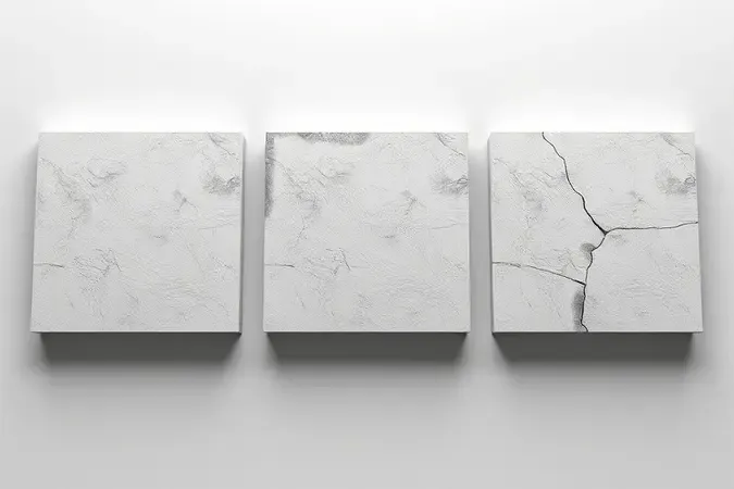 Comparação 3D da vida útil de resinas impermeabilizantes mostrando diferentes estágios de desgaste em superfícies.