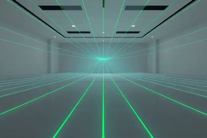 Projeção laser 360 graus com linhas cruzadas envolvendo ambiente interno moderno em renderização 3D conceitual.